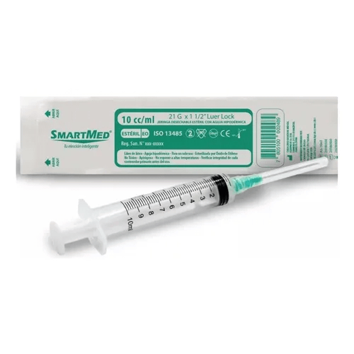 Jeringa 10 ml Lock con Aguja 21Gx 1 1/2 100 un Smartmed