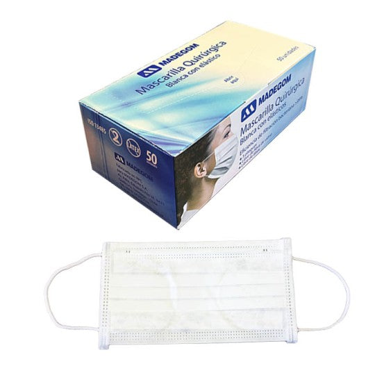Mascarillas quirúrgica tres pliegues color blanco Madegom